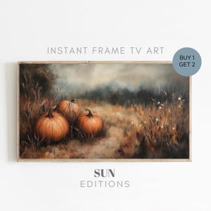 May include: A painting of three pumpkins in a field with a misty background. The pumpkins are orange and brown, and the field is a muted green and brown. The painting has a vintage, rustic feel.