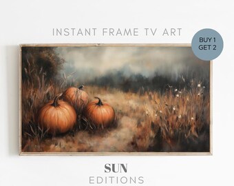 Vintage Fall Pumpkins Frame TV Art, Dark Moody Autumn Wildflowers Painting, Botanical Halloween Tv Art, Thanksgiving Screensaver