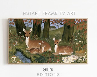 Tv-kunst met hinde en kalfjes, bosbeek, landelijke volkskunst, 4K digitale download