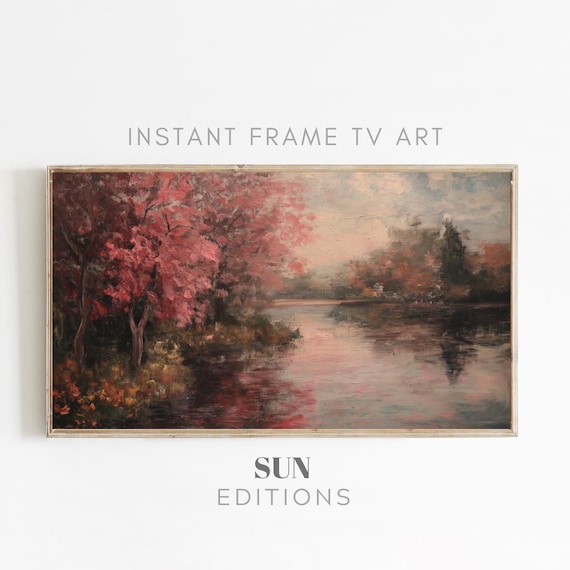 Frame Tv Art | Screen Background Art | Vintage Autumn Art For Tv | Rustic Farmhouse | Vintage Fall pink and maroon Landscape Painting