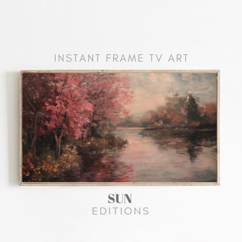 Frame Tv Art | Screen Background Art | Vintage Autumn Art For Tv | Rustic Farmhouse | Vintage Fall pink and maroon Landscape Painting