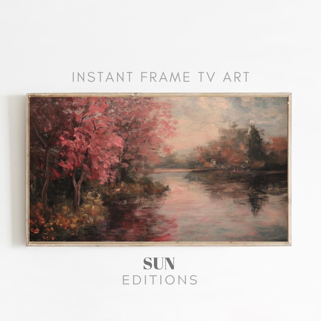 Frame Tv Art | Screen Background Art | Vintage Autumn Art For Tv | Rustic Farmhouse | Vintage Fall pink and maroon Landscape Painting