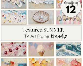 Lijst kleurrijke zomerkunst tv-set van 12 | Digitale downloadbundel met getextureerde kunst voor lijst-tv | Abstracte pastelkleurige kust- en citrusvruchten