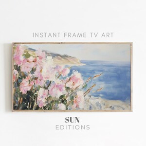 Coastal pink flowers TV Art Summer TV Art Samsung Frame TV Art Spring Beach Decor Textured Seaside Tv Art Floral 4K Instant Digital Download