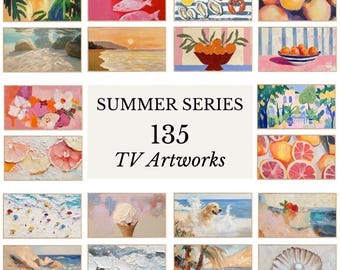 Frame tv-kunst zomerset van 135 kleurrijk getextureerde kustdecor trendy esthetisch roze en oranje citrus Samsung Frame digitale downloadbundel