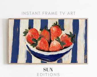 Bowl Of Strawberries Painting Samsung Frame TV Art | TV Art Kitchen | Fruit Bowl | Striped background TV At Digital Download