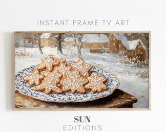 May include: A painting of a winter scene with a plate of gingerbread cookies in the foreground. The cookies are decorated with white icing and are shaped like stars. The background shows a snowy village with houses and trees.