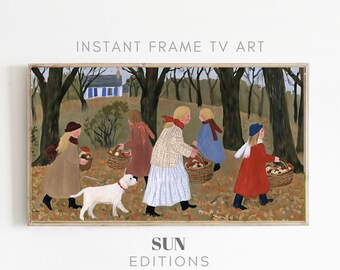 Paddenstoelenwandeling, ingelijste tv-kunst, geruite jas, landelijke volkskunst, 4K digitale download