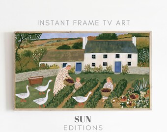TV-kunstwerk met groenteoogstmotief, witte ganzen, landelijke volkskunst, 4K digitale download