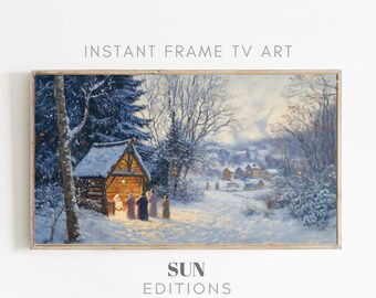 May include: A painting of a snowy winter scene with a small wooden cabin in the center. People are walking towards the cabin, which is lit up from within. The scene is painted in a realistic style with warm colors.