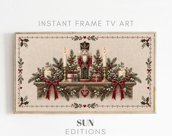 Kerstdecoratie met notenkraker in tv-frame, kaarsverlichte schoorsteenmantel, borduurstijl, 4K digitale download