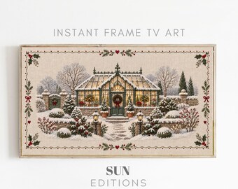Winterse kaslijst tv-kunst, besneeuwde serre, borduurstijl, 4K digitale download