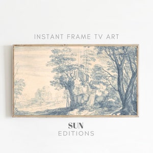 Samsung Frame TV Art Vintage Sketch, Trees Drawing, Neutral Blue Landscape, Rustic vintage TV Art, Instant Download