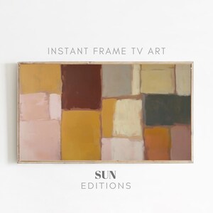 Puede incluir: Pintura abstracta en un marco de madera con un patrón geométrico de cuadrados y rectángulos en tonos de rosa, amarillo, marrón y gris. La pintura se titula "SUN EDITIONS".