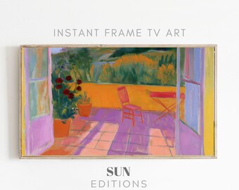 Open terrasdeuren omlijsten tv-kunst, roze tuinstoel, kleurrijk schilderij, 4K digitale download
