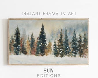 Winter besneeuwd boslandschap schilderij Frame tv-kunst, helder landschap (digitale download)