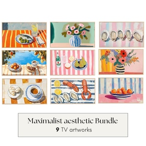 Op de afbeelding: Negen ingelijste schilderijen met een kleurrijke, maximalistische esthetiek. De schilderijen tonen stillevens met fruit, bloemen, zeevruchten en andere objecten. De schilderijen zijn allemaal in een vergelijkbare stijl, met felle kleuren en eenvoudige lijnen.