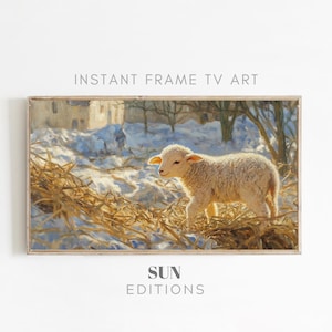 Puede incluir: Un cordero blanco se encuentra en un campo nevado con hierba alta y seca. El cordero mira hacia la izquierda de la imagen, y el sol brilla en su espalda. El fondo es una imagen borrosa de un pequeño pueblo.