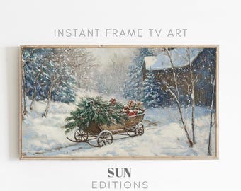 Rustiek winterlandschap frame tv-kunst, gezellige landelijke slee schilderij, digitale download