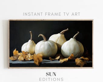 Marco Samsung para TV con diseño de otoño, calabazas blancas oscuras y melancólicas, pintura al óleo vintage, decoración de pared de naturaleza muerta, protector de pantalla de otoño, descarga digital