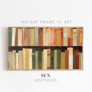 May include: A painting of a bookshelf filled with colorful books. The books are arranged in rows on the shelves, and the spines are visible. The painting is in a simple frame.