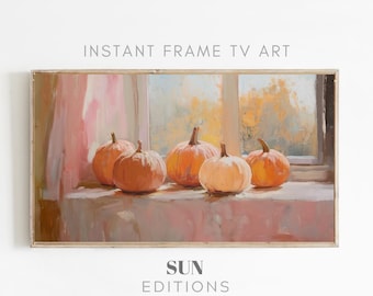 May include: A painting of five pumpkins on a windowsill. The pumpkins are orange and yellow and are arranged in a row. The window is open and there is a view of trees and a blue sky outside. The painting is done in a realistic style.