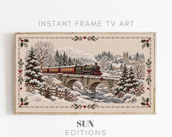 Kersttreinframe voor tv, stoomtrein, borduurstijl, 4K digitale download