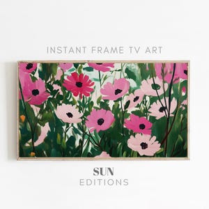Kleurrijke roze bloemen getextureerde schilderij kunst voor Samsung Frame TV - digitale download - lente muurdecoratie