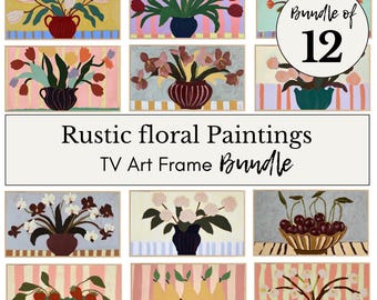 Samsung Frame tv-bundel van 12: bloemen op trendy vaas gestreepte retro bloemen botanische tv-kunst (direct downloaden)