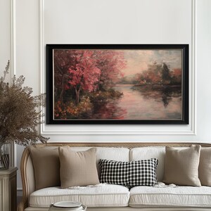 Frame Tv Art | Screen Background Art | Vintage Autumn Art For Tv | Rustic Farmhouse | Vintage Fall pink and maroon Landscape Painting