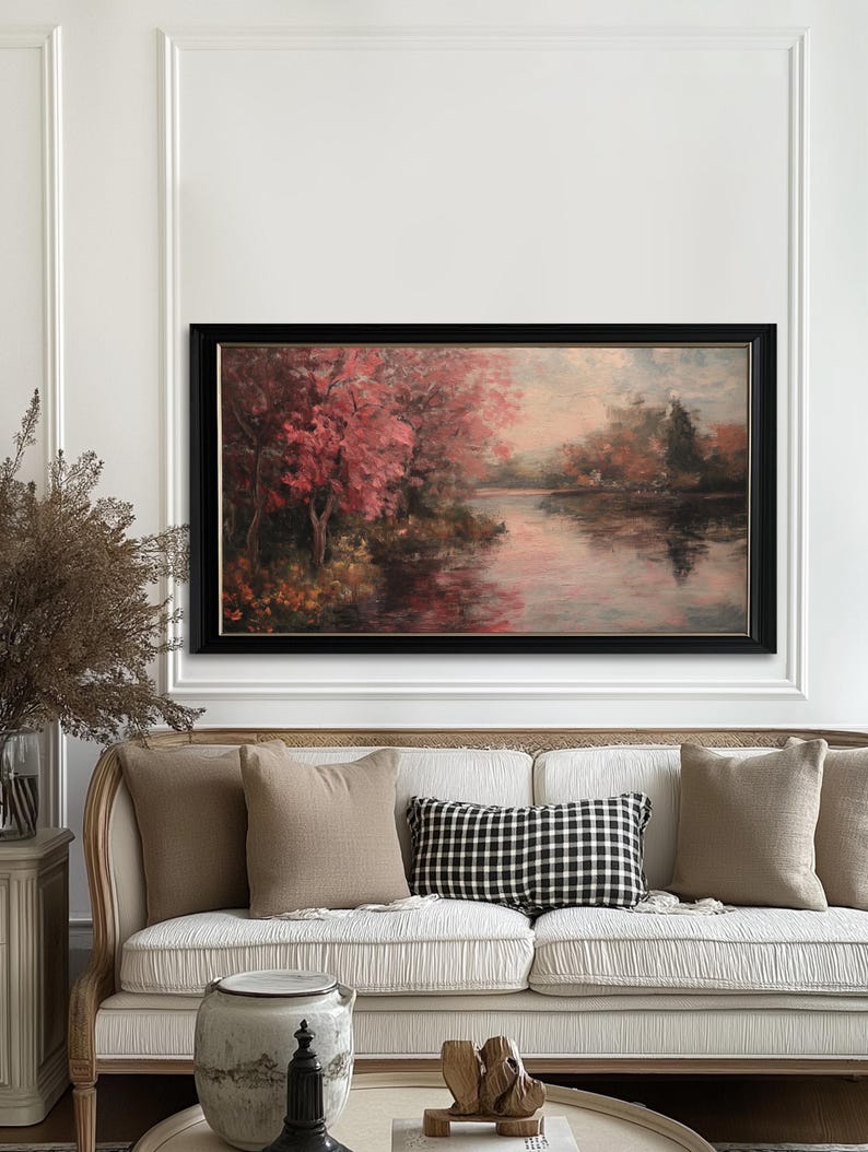 Frame Tv Art | Screen Background Art | Vintage Autumn Art For Tv | Rustic Farmhouse | Vintage Fall pink and maroon Landscape Painting