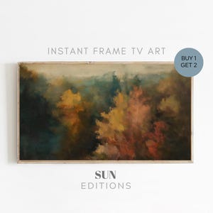 May include: Abstract painting of a forest scene with a mix of green, blue, yellow, and red hues. The painting is framed in a light wood frame. The text "INSTANT FRAME TV ART" is at the top of the image and "SUN EDITIONS" is at the bottom.