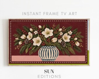 Kerstbloemenlijst voor tv, vintage winterse botanische kunst voor Samsung, digitale download voor de feestdagen