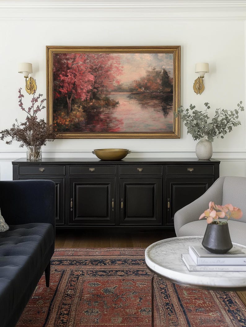 Frame Tv Art | Screen Background Art | Vintage Autumn Art For Tv | Rustic Farmhouse | Vintage Fall pink and maroon Landscape Painting
