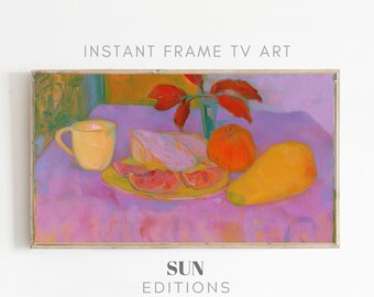Ontbijtstilleven, ingelijste tv-kunst, peer en theekopje, kleurrijk schilderij, 4K digitale download