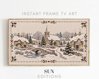 Kerstdorpje geborduurd frame tv-kunst, besneeuwde Engelse kerk Samsung kunst, digitale download