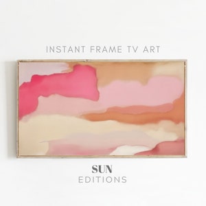 Könnte beinhalten: Abstrakter Kunstdruck in einem hellen Holzrahmen mit einem Farbschema in Rosa, Orange und Beige. Der Druck trägt den Titel "SUN EDITIONS".