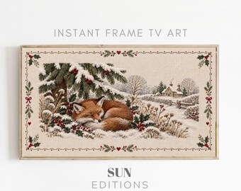 Kerstfotolijstje met slapende vos, tv-decoratie, winterse bosdecoratie, Samsung Art, digitale download