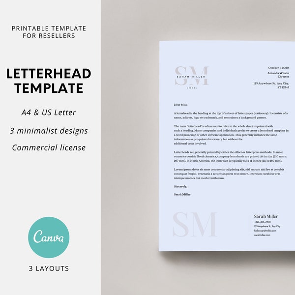 PLR Editable Letterhead Template Canva Commercial Use, Letter and A4 Sizes Personal Business Letterhead Template, Instant Download Template