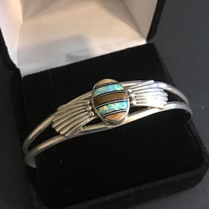 Sterling Silver - Navajo, Zuni Cuff Bracelet - Multi-stone Inlay Cuff Winged Sterling Silver Bracelet. 6&quot;L x 5/8&quot;W., with 1&quot; Gap.