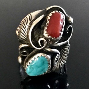 Sterling Silver - Ring Size 5 1/2, Navajo American Indian Turquoise and Coral Set in Sawtooth Bezel, & Silver Feathers on Split Shank Band.