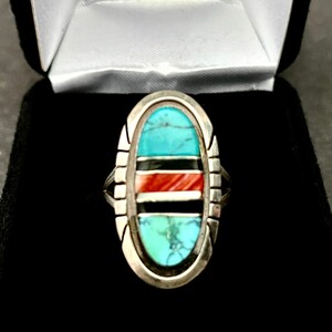 Sterling Silver Ring Size 6 1/2 Navajo, Zuni Multi-Stone, Turquoise, Black Onyx, Spiny Oyster Shell Ring, 5 Grams, Great Birthday Gift 4 Her