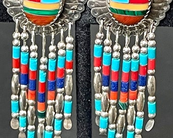Sterling Silver 925 Navajo-Zuni Inspired Fringed half Shield Earrings,Multi-stoned Fringed War Shield, Malachite,Lapis,Turq.Coral 9.53g