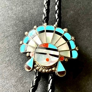 Sterling Silver - Navajo, Zuni Bolo Tie depicting Sun Face in War Bonnet, Vintage Southwestern American Indian Tribal Jewelry.