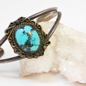 Sterling Silver - Navajo 925 Silver and Turquoise Tooled Chunky Cuff Bracelet 21.4g.
