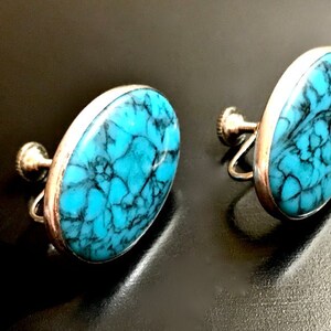 Sterling Silver - Navajo Oval Turquoise Screw-Back Earrings Marked Sterling, 1&quot; L x 3/4&quot;W