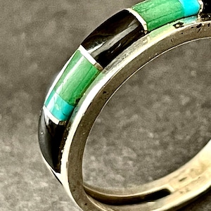 Sterling Silver - Ring Size 11 1/4. Navajo/Zuni Multi Stone Inlay Ring. Stones of Turquoise, Black Onyx , and Marcasite