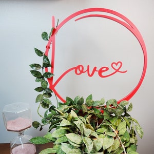 May include: A red metal circle with the word "love" written in white, with a small heart at the end. A green plant with variegated leaves is growing through the circle.