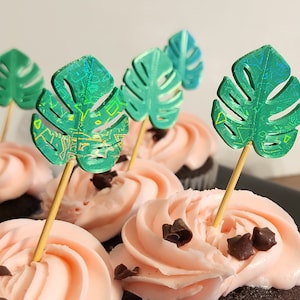 Set of 6 Monstera Leaf Cupcake Toppers, holographic, Reuseable Cupcake Decorations, Houseplant decor