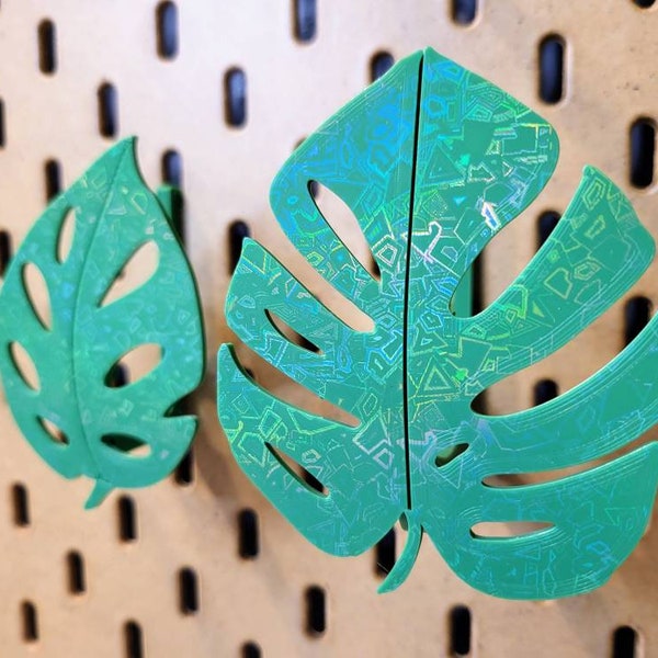 Monstera leaf hooks for Skadis pegboards, holographic, 3D printed plant hangers for greenhouse cabinets, hooks